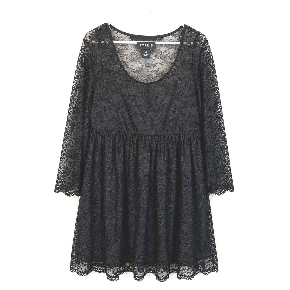Torrid Black Lace Babydoll Tunic Dress Plus Size 3 Sheer Romantic Goth